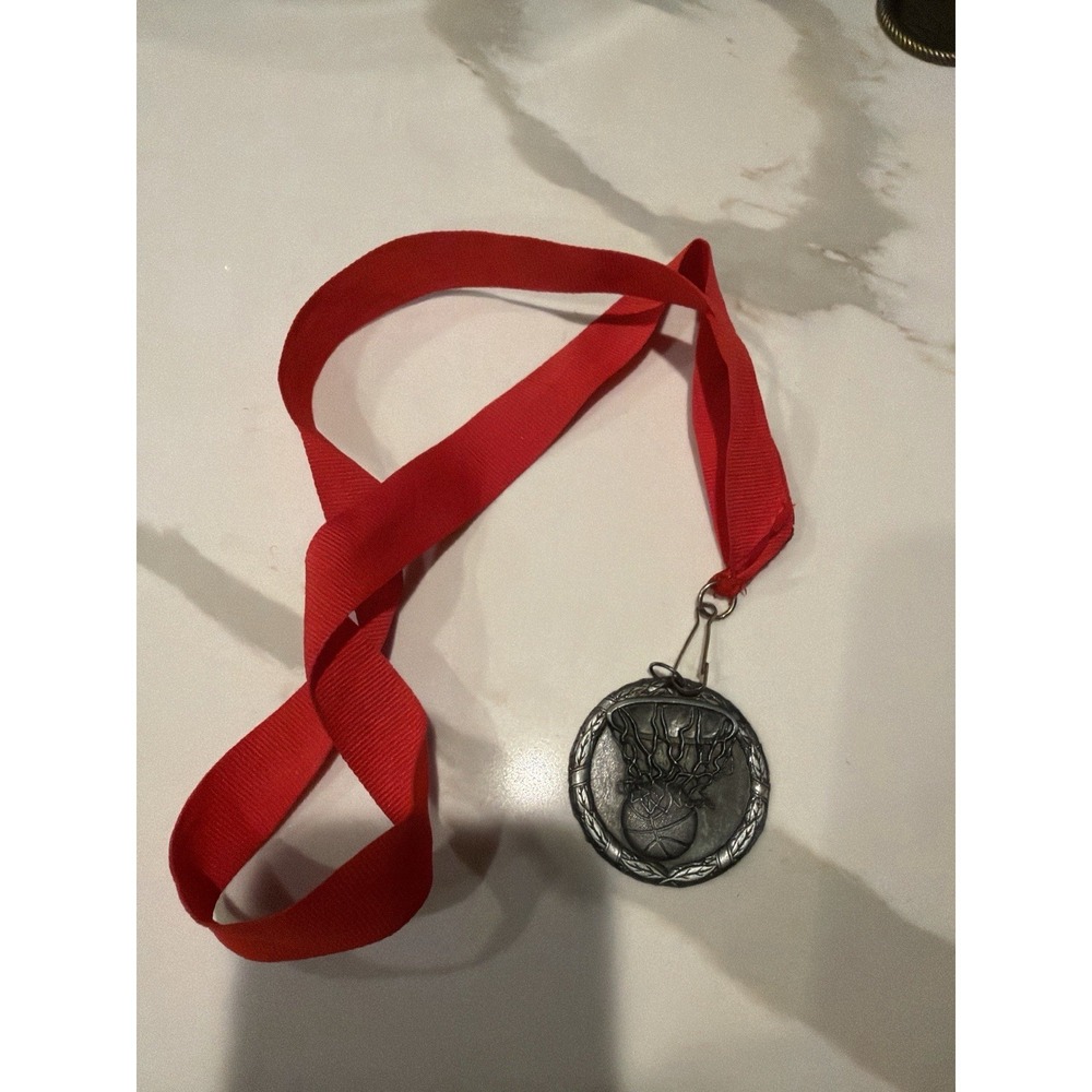 Basketball Award Medal Silver Tone w Red Ribbon Blank Back Sports Trophy Medal